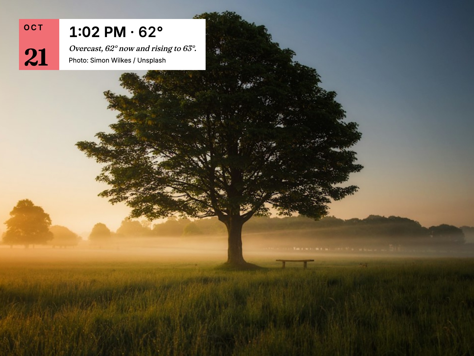 Ambient mode: a misty meadow with a single large tree at sunrise, with a small card in the corner showing the date, time, temperature and photo credit.