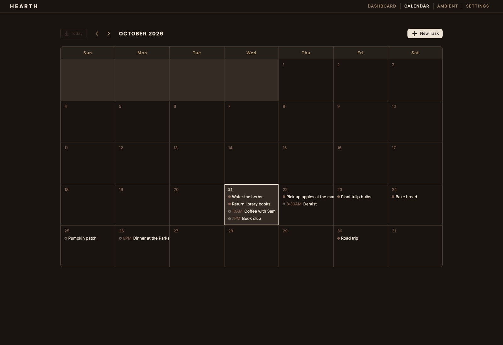 The month calendar view, showing Hearth tasks alongside Google Calendar events.
