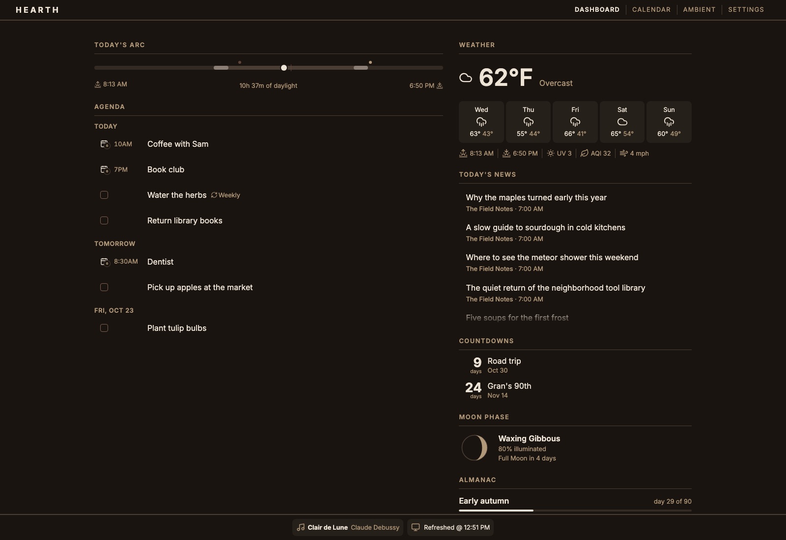 The Hearth web dashboard in the dark Stone theme.