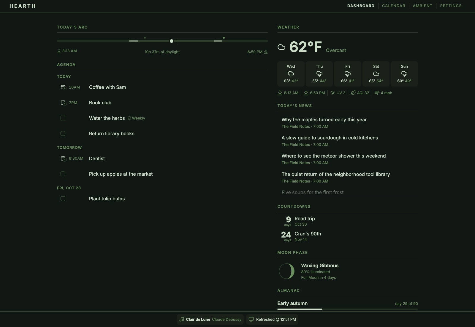 The Hearth web dashboard in the dark green Forest theme.
