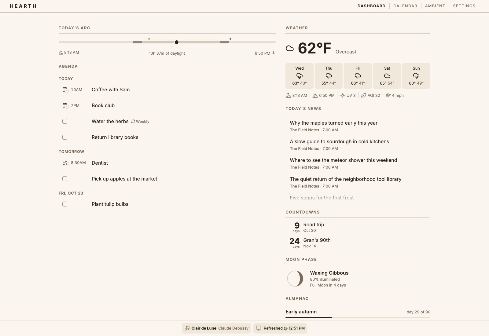 The Hearth web dashboard in the light Linen theme: today's arc and an agenda on the left; weather, news, countdowns, moon phase and almanac on the right.