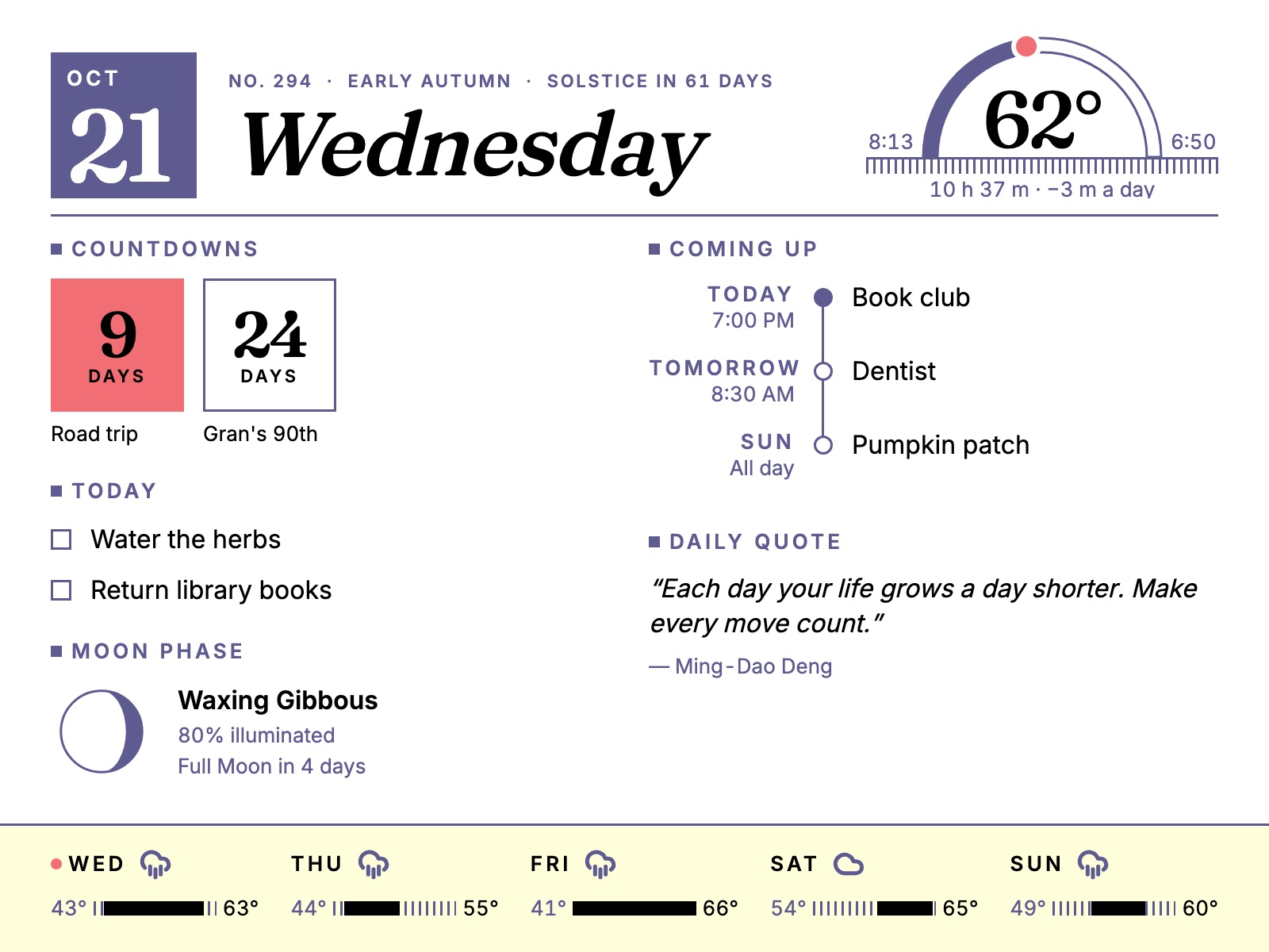 Hearth's Daily layout on the e-paper frame: a large date and weekday masthead, today's temperature on a sun-path arc, countdowns, today's tasks, upcoming events, the moon phase, a daily quote and a five-day forecast.
