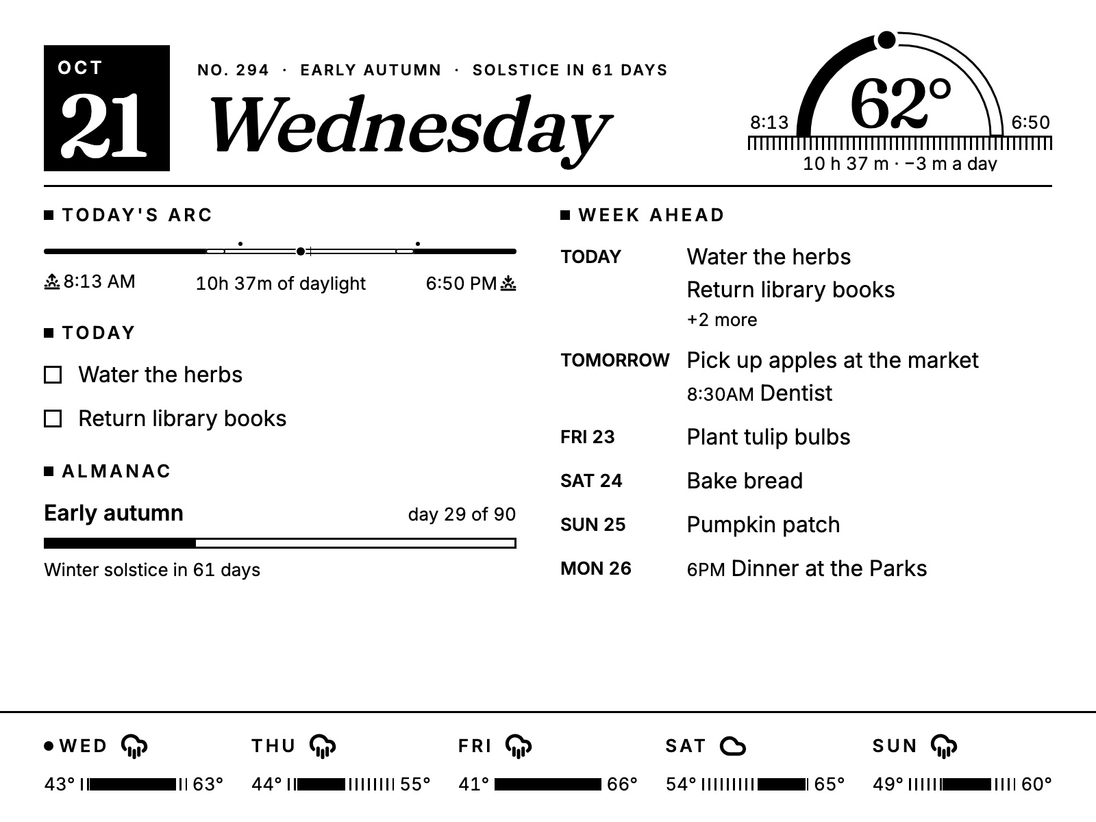 Daily mode in black and white: a newspaper-style masthead, today's daylight arc, tasks, the almanac and a week-ahead list, above a five-day forecast.